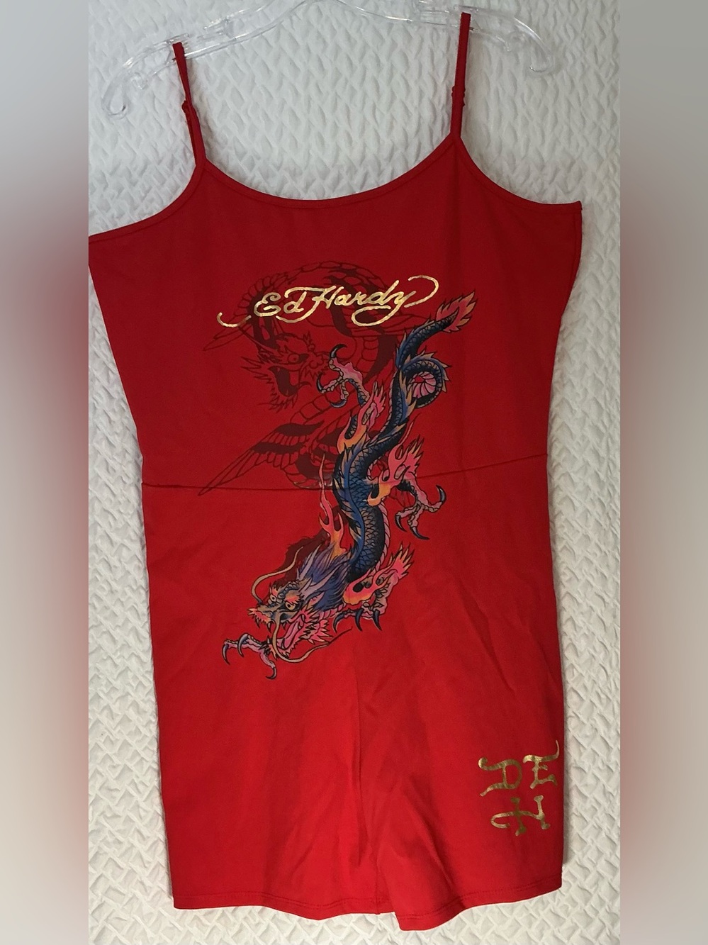 Ed Hardy Dragon Romper Red Graphic Cami Shorts One Piece NWT XL